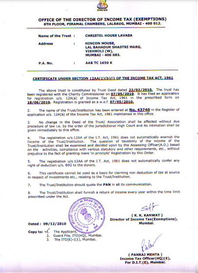 Certificate Under Section 12AA